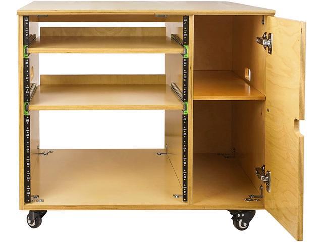 Sound Town DIY 11U Plywood Studio Rack with Slide-Out Trays, Cabinet, Casters, Golden Oak, for Recording Room, Home Studio (SDRK-CR11)