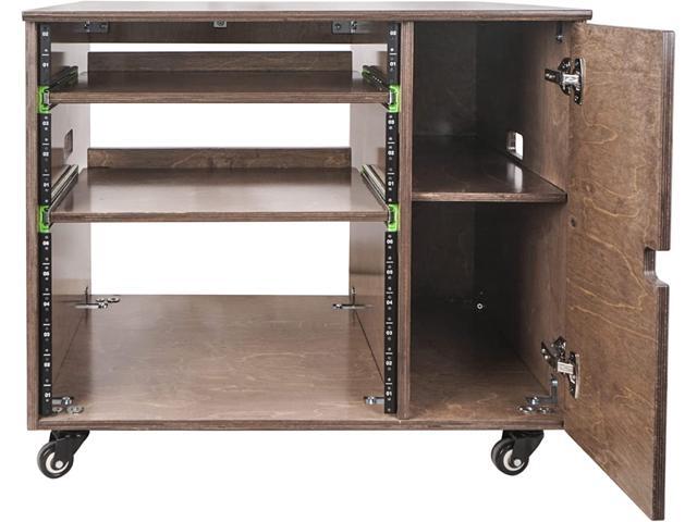 Sound Town DIY 11U Plywood Studio Rack with Slide-Out Trays, Cabinet, Casters, Weathered Gray, for Recording Room, Home Studio (SDRK-CR11B)