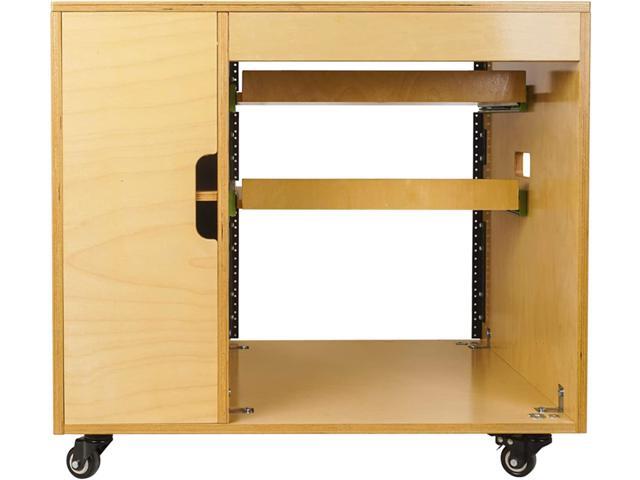 Sound Town DIY 11U Plywood Studio Rack with Slide-Out Trays, Cabinet, Casters, Golden Oak, for Recording Room, Home Studio (SDRK-CR11)