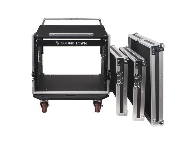 Sound Town 8U PA DJ Pro Audio Rack/Road ATA Case with 13U Slant Mixer Top, Locking Drawer, 23.5'' Rackable Depth and Casters (STMR-8D2)