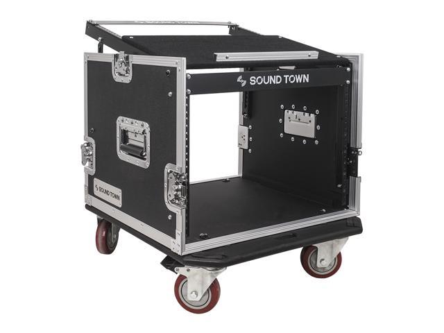 Sound Town 8U PA DJ Pro Audio Rack/Road ATA Case with 13U Slant Mixer Top, Locking Drawer, 23.5'' Rackable Depth and Casters (STMR-8D2)