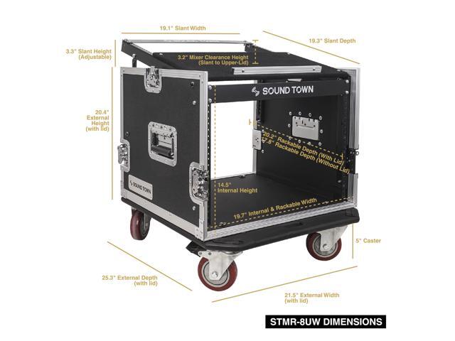 Sound Town 8U PA DJ Pro Audio Rack/Road ATA Case with 13U Slant Mixer Top, Locking Drawer, 23.5'' Rackable Depth and Casters (STMR-8D2)
