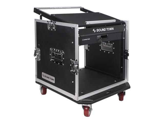 Sound Town 10U PA DJ Pro Audio Rack/Road ATA Case with 13U Slant Mixer Top, Locking Drawer, 23.5'' Rackable Depth and Casters (STMR-10D2)