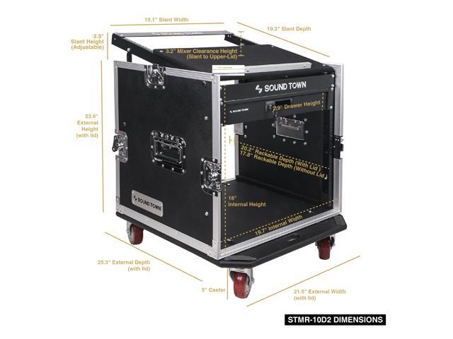 Sound Town 10U PA DJ Pro Audio Rack/Road ATA Case with 13U Slant Mixer Top, Locking Drawer, 23.5'' Rackable Depth and Casters (STMR-10D2)