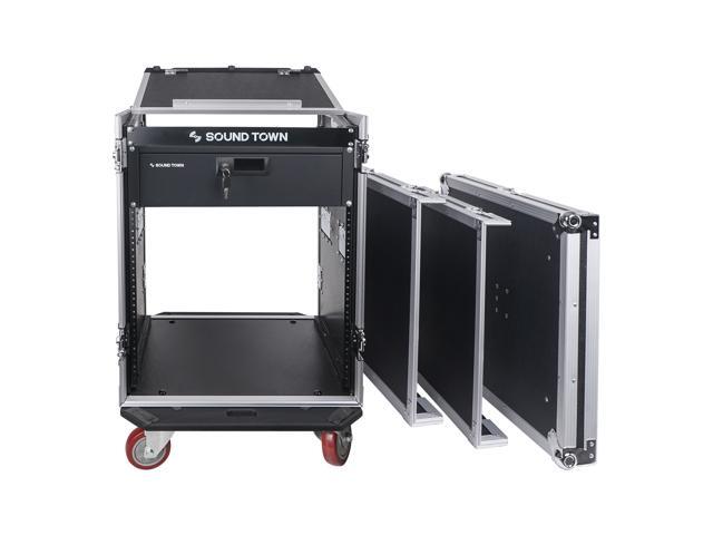 Sound Town 14U PA DJ Pro Audio Rack/Road ATA Case with 11U Slant Mixer Top, Locking Drawer, 20'' Rackable Depth and Casters (STMR-14D3)