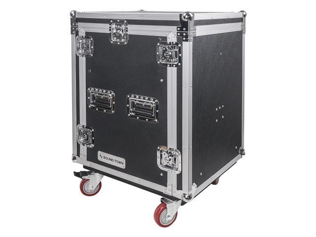 Sound Town 14U PA DJ Pro Audio Rack/Road ATA Case with 11U Slant Mixer Top, Locking Drawer, Side Table, 20'' Rackable Depth and Casters (STMR-14TD3)