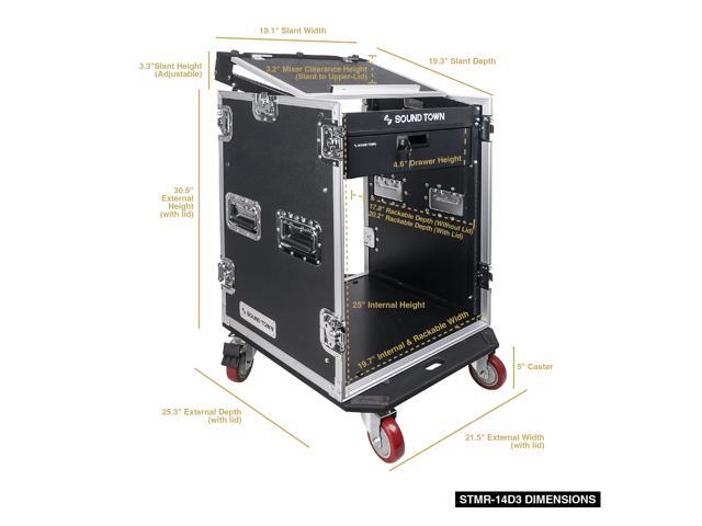 Sound Town 14U PA DJ Pro Audio Rack/Road ATA Case with 11U Slant Mixer Top, Locking Drawer, 20'' Rackable Depth and Casters (STMR-14D3)