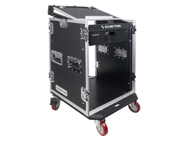 Sound Town 14U PA DJ Pro Audio Rack/Road ATA Case with 11U Slant Mixer Top, Locking Drawer, 20'' Rackable Depth and Casters (STMR-14D3)