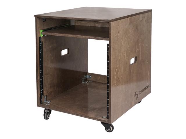 Sound Town 10U Plywood Studio Rack Desk with Slide-Out Tray, Rubber Feet, Casters, for Recording, Podcasts, Broadcasts, Streaming, Weathered Gray...