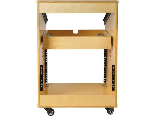 Sound Town DIY Studio Rack with 11U Slant Mixer Top, 8U Front, 2U Drawer, Rubber Feet, Casters, Baltic Plywood, Golden Oak (SDRK-M11X8)