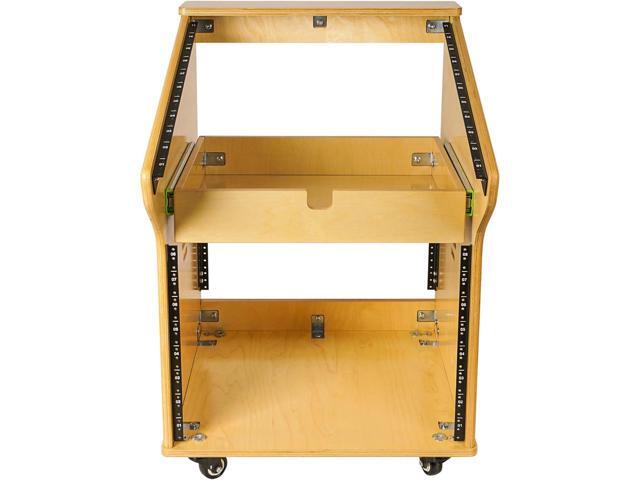 Sound Town DIY Studio Rack with 11U Slant Mixer Top, 8U Front, 2U Drawer, Rubber Feet, Casters, Baltic Plywood, Golden Oak (SDRK-M11X8)