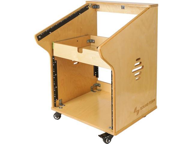Sound Town DIY Studio Rack with 11U Slant Mixer Top, 8U Front, 2U Drawer, Rubber Feet, Casters, Baltic Plywood, Golden Oak (SDRK-M11X8)