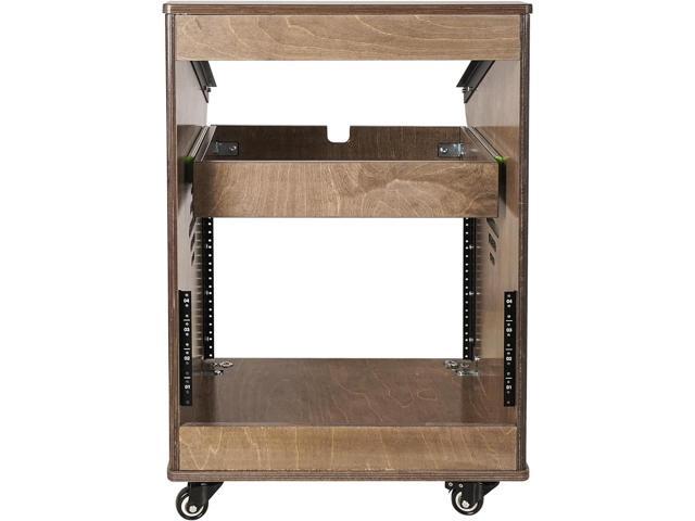 Sound Town DIY Studio Rack with 11U Slant Mixer Top, 8U Front, 2U Drawer, Rubber Feet, Casters, Baltic Plywood, Weathered Grey (SDRK-M11X8B)