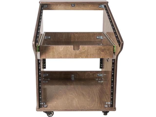 Sound Town DIY Studio Rack with 11U Slant Mixer Top, 8U Front, 2U Drawer, Rubber Feet, Casters, Baltic Plywood, Weathered Grey (SDRK-M11X8B)