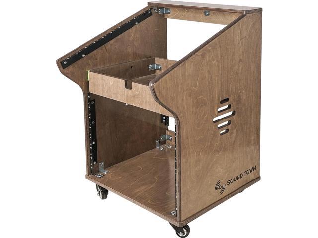 Sound Town DIY Studio Rack with 11U Slant Mixer Top, 8U Front, 2U Drawer, Rubber Feet, Casters, Baltic Plywood, Weathered Grey (SDRK-M11X8B)
