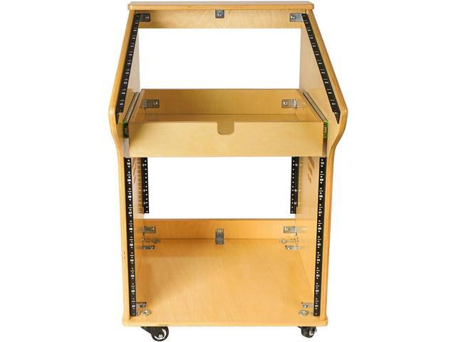 Sound Town DIY Studio Rack with 11U Slant Mixer Top, 10U Front, 2U Drawer, Rubber Feet, Casters, Baltic Plywood, Golden Oak (SDRK-M11X10)