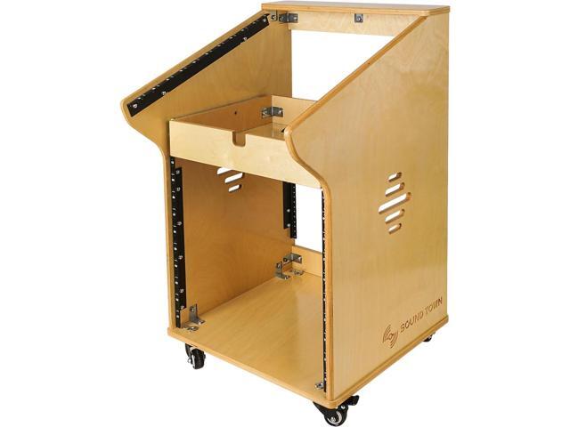 Sound Town DIY Studio Rack with 11U Slant Mixer Top, 10U Front, 2U Drawer, Rubber Feet, Casters, Baltic Plywood, Golden Oak (SDRK-M11X10)