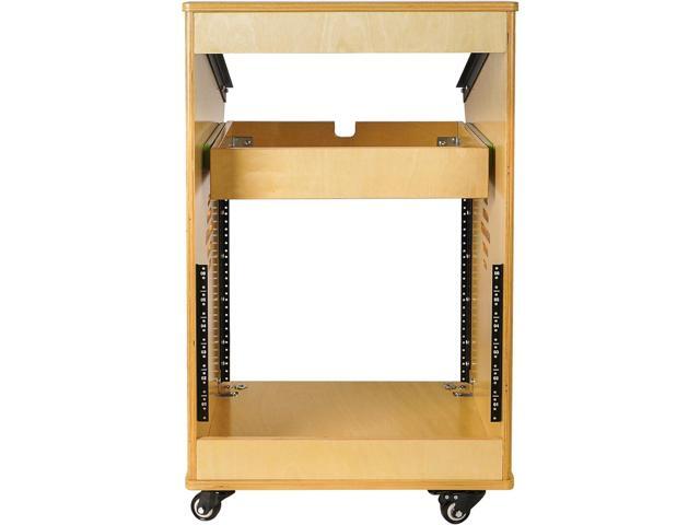 Sound Town DIY Studio Rack with 11U Slant Mixer Top, 10U Front, 2U Drawer, Rubber Feet, Casters, Baltic Plywood, Golden Oak (SDRK-M11X10)