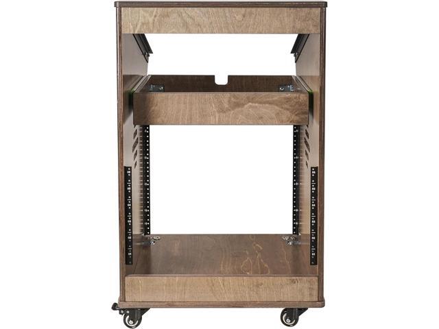Sound Town DIY Studio Rack with 11U Slant Mixer Top, 10U Front, 2U Drawer, Rubber Feet, Casters, Baltic Plywood, Weathered Grey (SDRK-M11X10B)