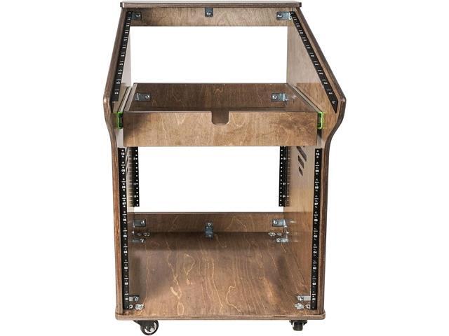 Sound Town DIY Studio Rack with 11U Slant Mixer Top, 10U Front, 2U Drawer, Rubber Feet, Casters, Baltic Plywood, Weathered Grey (SDRK-M11X10B)