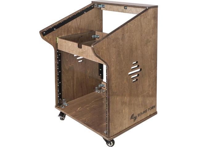 Sound Town DIY Studio Rack with 11U Slant Mixer Top, 10U Front, 2U Drawer, Rubber Feet, Casters, Baltic Plywood, Weathered Grey (SDRK-M11X10B)
