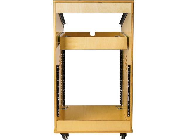 Sound Town DIY Studio Rack with 11U Slant Mixer Top,12U Front, 2U Drawer, Rubber Feet, Casters, Baltic Plywood, Golden Oak (SDRK-M11X12)