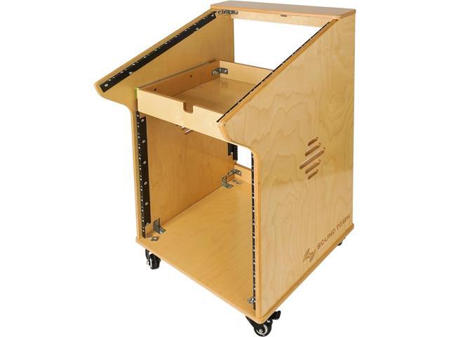 Sound Town DIY Studio Rack with 11U Slant Mixer Top,12U Front, 2U Drawer, Rubber Feet, Casters, Baltic Plywood, Golden Oak (SDRK-M11X12)