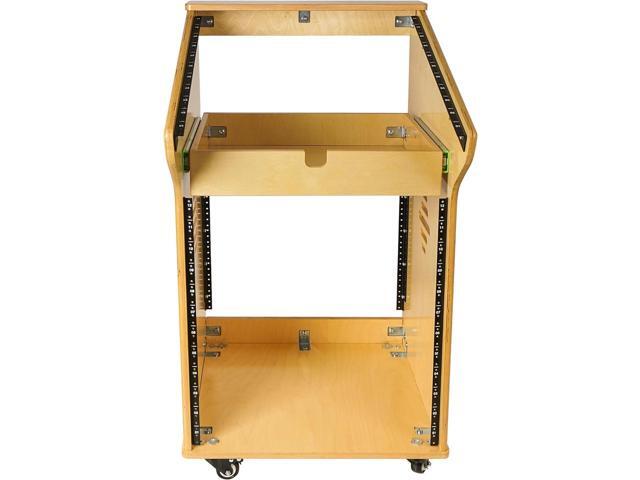 Sound Town DIY Studio Rack with 11U Slant Mixer Top,12U Front, 2U Drawer, Rubber Feet, Casters, Baltic Plywood, Golden Oak (SDRK-M11X12)