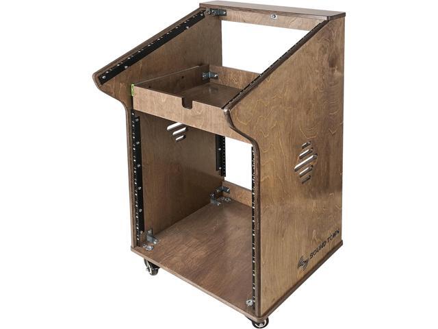 Sound Town DIY Studio Rack with 11U Slant Mixer Top, 12U Front, 2U Drawer, Rubber Feet, Casters, Baltic Plywood, Weathered Grey (SDRK-M11X12B)