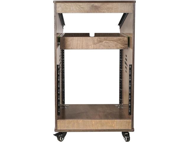 Sound Town DIY Studio Rack with 11U Slant Mixer Top, 12U Front, 2U Drawer, Rubber Feet, Casters, Baltic Plywood, Weathered Grey (SDRK-M11X12B)