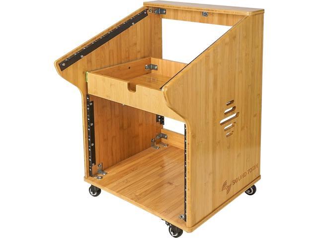 Sound Town DIY Solid Carbonized Bamboo Studio Rack with 11U Slant Mixer Top, 8U Front, 2U Drawer, Rubber Feet, Casters, for Recording Room, PA/DJ...