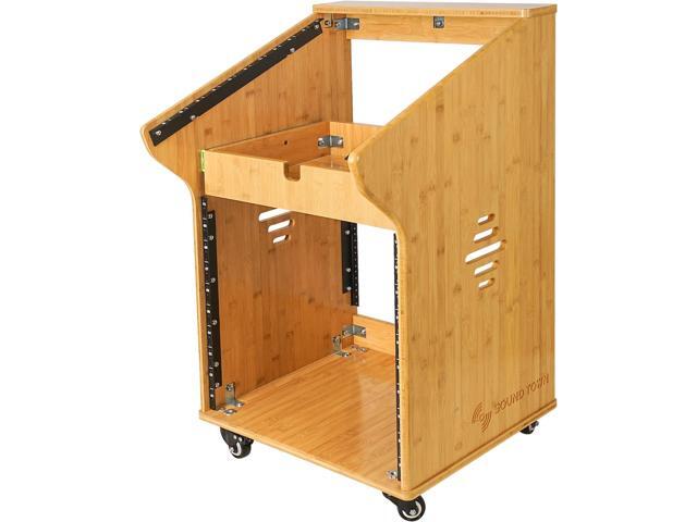 Sound Town DIY Solid Carbonized Bamboo Studio Rack with 11U Slant Mixer Top, 10U Front, 2U Drawer, Rubber Feet, Casters, for Recording Room, PA/DJ...