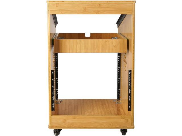 Sound Town DIY Solid Carbonized Bamboo Studio Rack with 11U Slant Mixer Top, 10U Front, 2U Drawer, Rubber Feet, Casters, for Recording Room, PA/DJ...