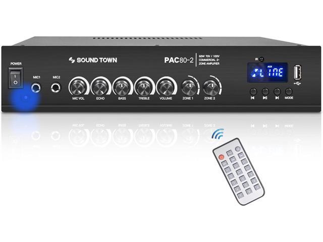 Sound Town Commercial Restaurant Bluetooth Amplifier + Surface-Mount Speaker Set, with One 2-Zone 70V/100V Amplifier with Bluetooth, 4 x 4.5-Inch...