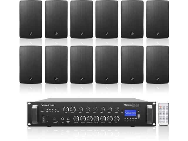 Sound Town Commercial Restaurant Bluetooth Amplifier + Surface-Mount Speaker Set, with One 6-Zone 70V/100V Amplifier with Bluetooth, 12 x 6.5-Inch...