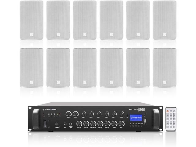 Sound Town Commercial Restaurant Bluetooth Amplifier + Surface-Mount Speaker Set, with One 6-Zone 70V/100V Amplifier with Bluetooth, 12 x 6.5-Inch...