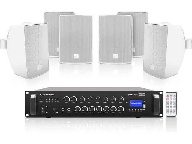 Sound Town Commercial Restaurant Bluetooth Amplifier + Surface-Mount Speaker Set, with One 6-Zone 70V/100V Amplifier with Bluetooth, 6 x 4.5-Inch...