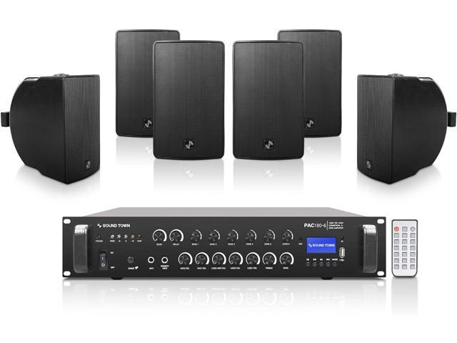 Sound Town Commercial Restaurant Bluetooth Amplifier + Surface-Mount Speaker Set, with One 6-Zone 70V/100V Amplifier with Bluetooth, 6 x 6.5-Inch...