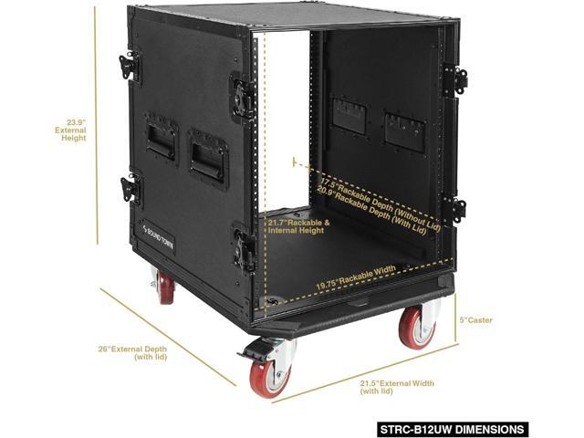 Sound Town Black Series 12U PA/DJ Rack/Road Case with 12-Space, All-Black Anodized Hardware, Plywood, Casters, and 21 Rackable Depth - Pro Tour...