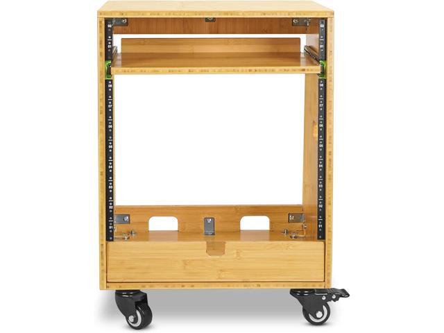 Sound Town DIY Solid Carbonized Bamboo Slanted 10U Studio Rack (2U Top + 8U Lower) with 2U Bottom Storage Slide-Out Tray Caster For Recording Room Home Studio (STBR-ST10T) - image 2