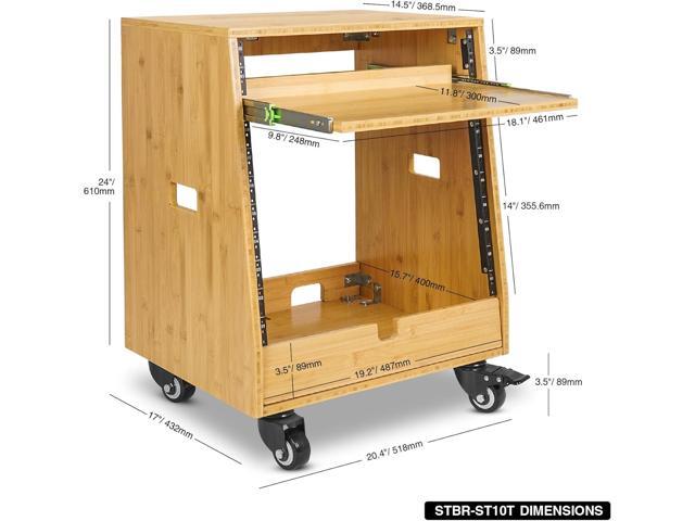 Sound Town DIY Solid Carbonized Bamboo Slanted 10U Studio Rack (2U Top + 8U Lower) with 2U Bottom Storage Slide-Out Tray Caster For Recording Room Home Studio (STBR-ST10T) - image 5