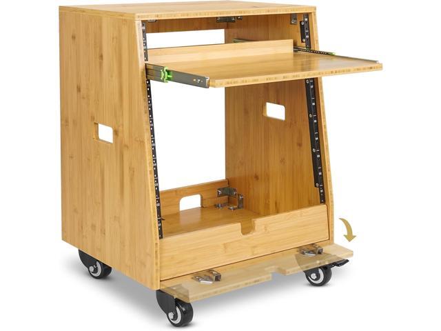Sound Town DIY Solid Carbonized Bamboo Slanted 10U Studio Rack (2U Top + 8U Lower) with 2U Bottom Storage Slide-Out Tray Caster For Recording Room Home Studio (STBR-ST10T) - image 4