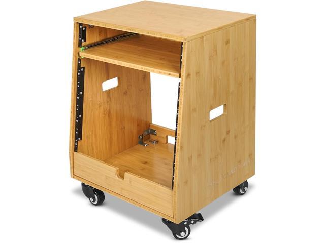 Sound Town DIY Solid Carbonized Bamboo Slanted 10U Studio Rack (2U Top + 8U Lower) with 2U Bottom Storage Slide-Out Tray Caster For Recording Room Home Studio (STBR-ST10T) - image 3