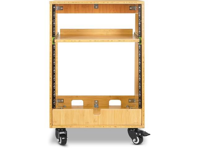 Sound Town DIY Solid Carbonized Bamboo Slanted 12U Studio Rack (4U Top + 8U Lower) with 2U Bottom Storage Slide-Out Tray Caster For Recording Room Home Studio (STBR-ST12T) - image 2