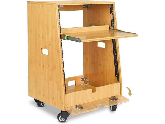 Sound Town DIY Solid Carbonized Bamboo Slanted 12U Studio Rack (4U Top + 8U Lower) with 2U Bottom Storage Slide-Out Tray Caster For Recording Room Home Studio (STBR-ST12T) - image 3