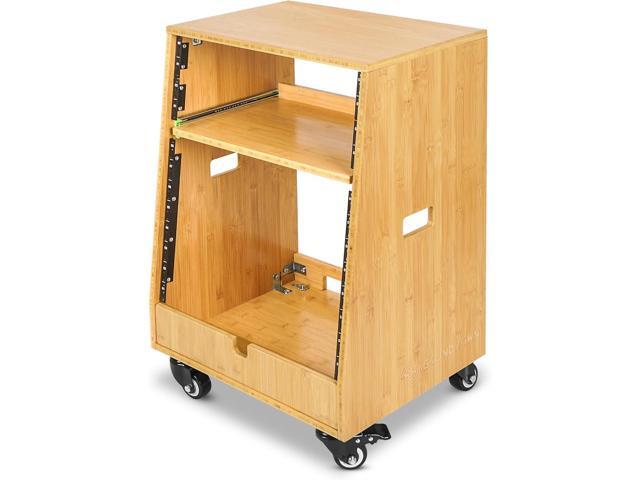 Sound Town DIY Solid Carbonized Bamboo Slanted 12U Studio Rack (4U Top + 8U Lower) with 2U Bottom Storage Slide-Out Tray Caster For Recording Room Home Studio (STBR-ST12T) - image 4