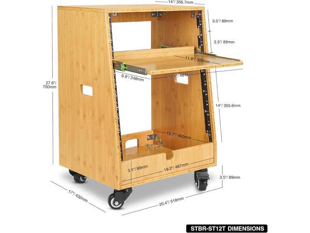 Sound Town DIY Solid Carbonized Bamboo Slanted 12U Studio Rack (4U Top + 8U Lower) with 2U Bottom Storage Slide-Out Tray Caster For Recording Room Home Studio (STBR-ST12T) - image 5