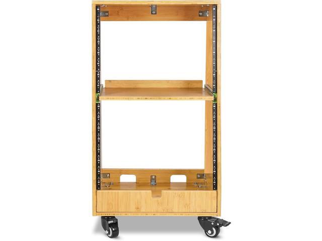 Sound Town DIY Solid Carbonized Bamboo Slanted 16U Studio Rack (8U Top + 8U Lower), with 2U Bottom Storage, Slide-Out Tray, Caster, For Recording...