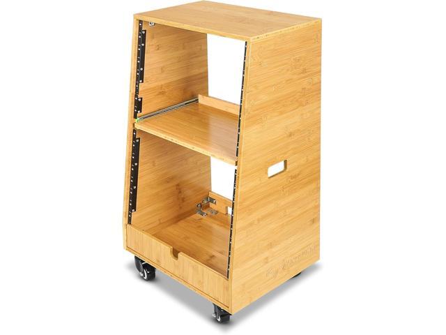 Sound Town DIY Solid Carbonized Bamboo Slanted 16U Studio Rack (8U Top + 8U Lower), with 2U Bottom Storage, Slide-Out Tray, Caster, For Recording...