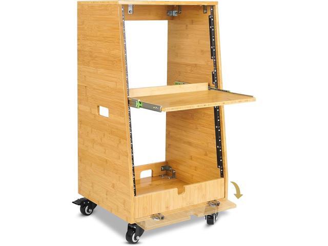 Sound Town DIY Solid Carbonized Bamboo Slanted 16U Studio Rack (8U Top + 8U Lower), with 2U Bottom Storage, Slide-Out Tray, Caster, For Recording...